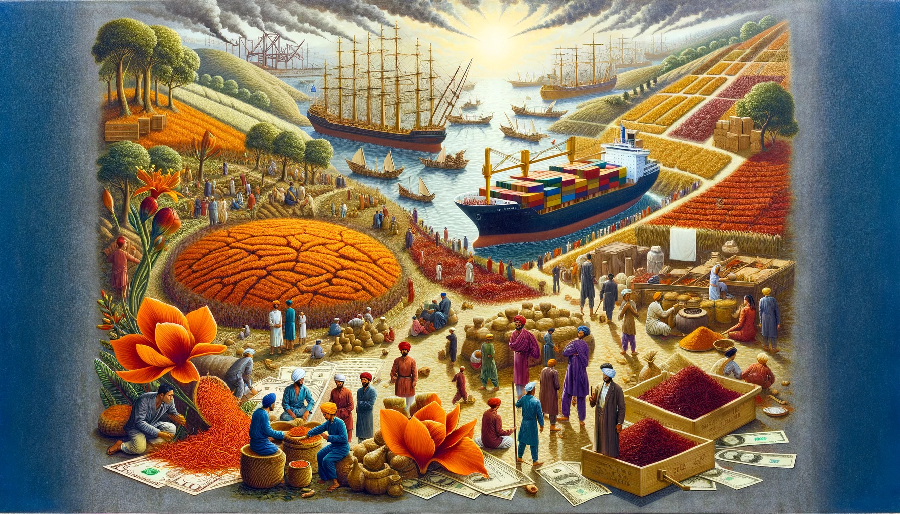 Global saffron trade depicted with scenes of cultivation, marketplaces, and international trade, emphasizing the spice's economic journey and significance.