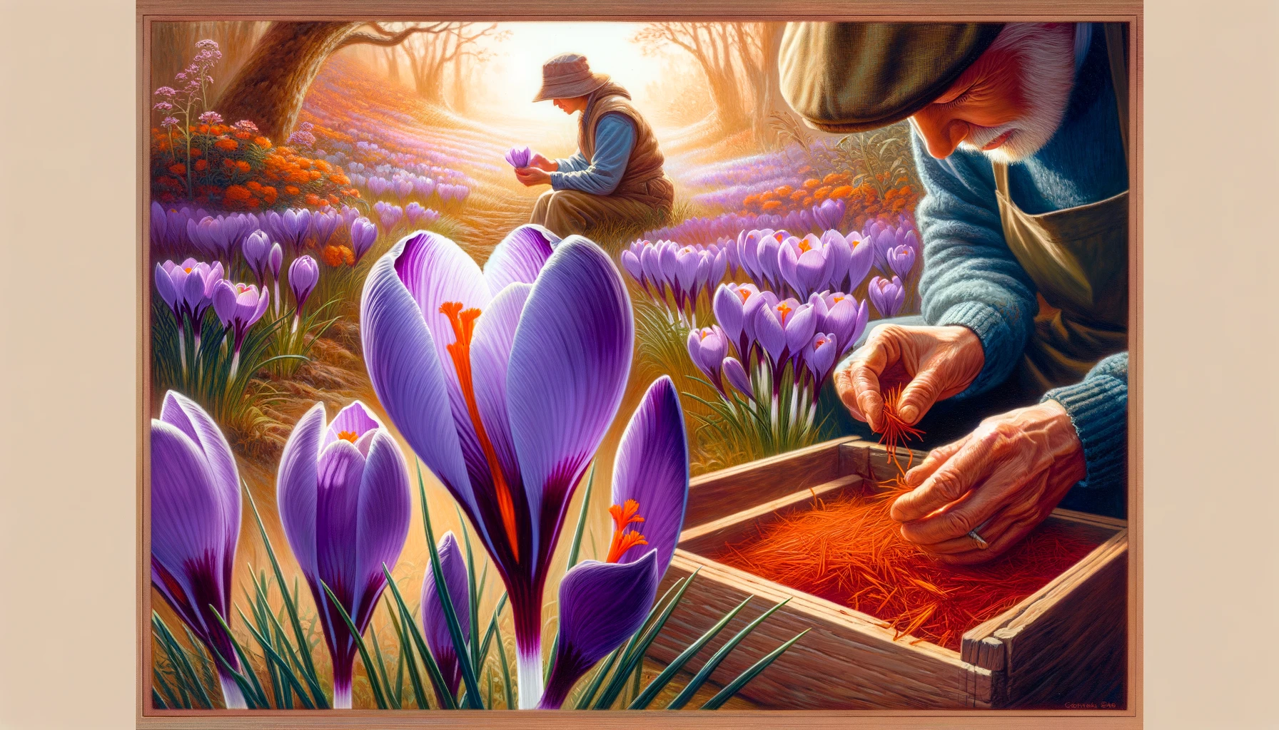 Serene scene of growing saffron at home with a gardener harvesting the red stigmas from vibrant purple crocuses in a garden.