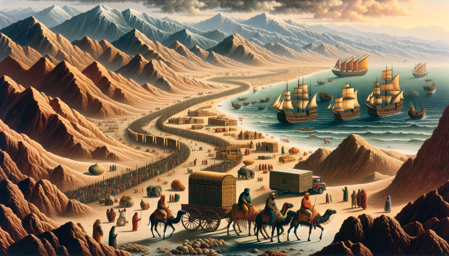 Historical depiction of ancient saffron trade routes with caravans and traders across diverse landscapes and bustling markets.