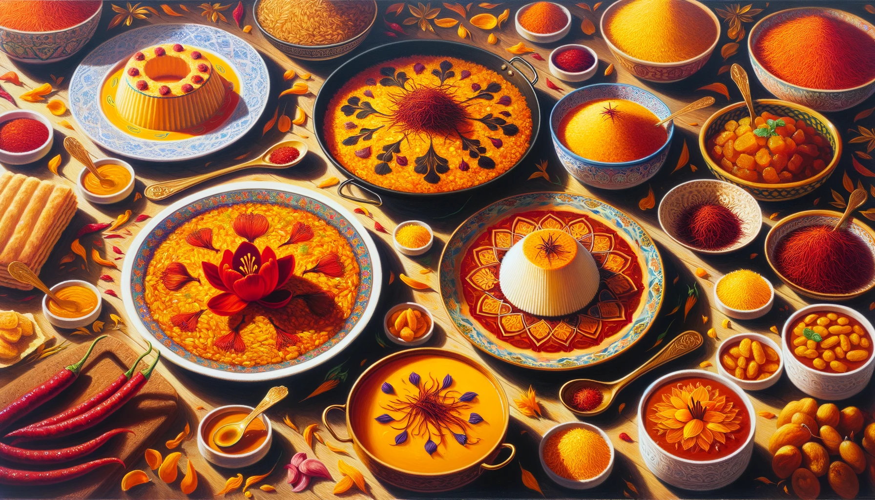 Variety of global dishes featuring saffron, highlighting the golden hue and aromatic presence in traditional and modern recipes.