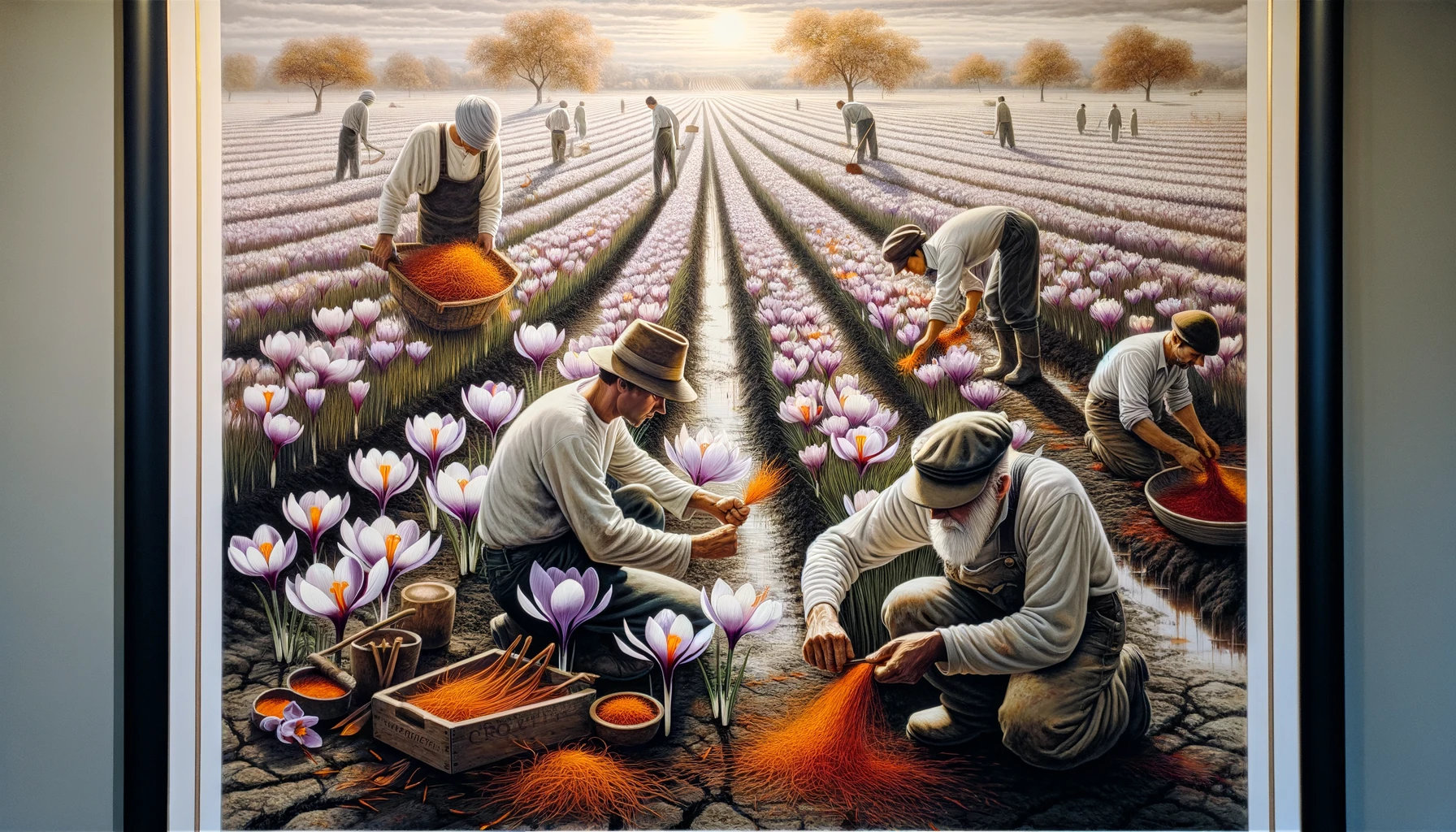 Saffron cultivation and harvest scene depicting the balance between traditional methods and sustainable practices in farming.