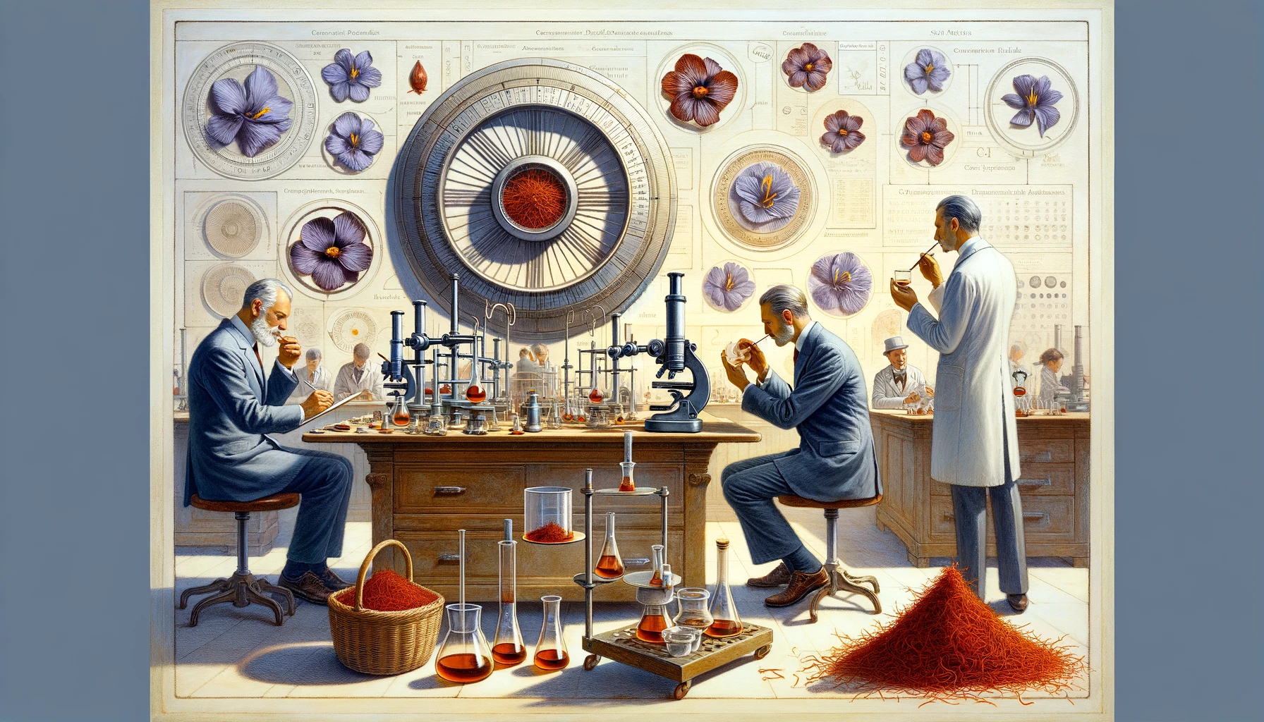 Sophisticated sensory analysis of saffron with experts examining its aromatic profile in a laboratory setting, surrounded by aroma wheels and tasting notes.