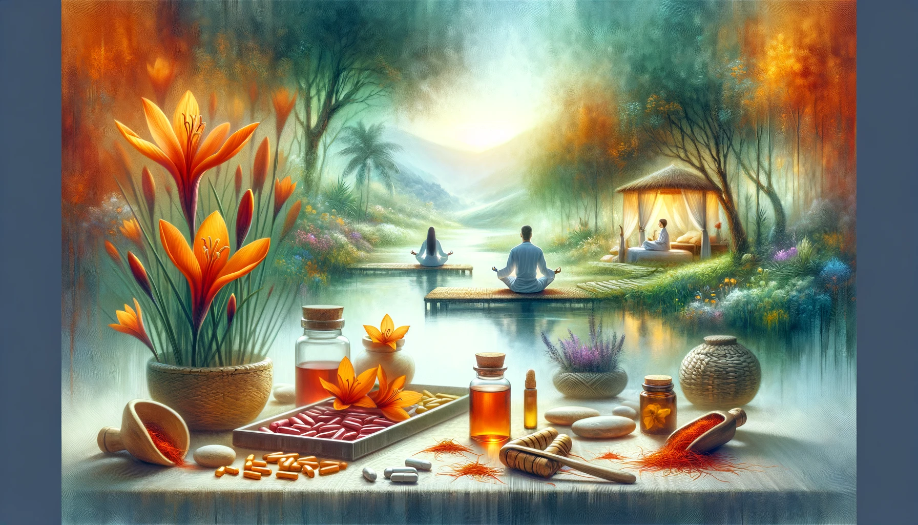 Tranquil scene of saffron used in various wellness settings, including spa treatments and herbal teas, depicting its calming and healing influence.