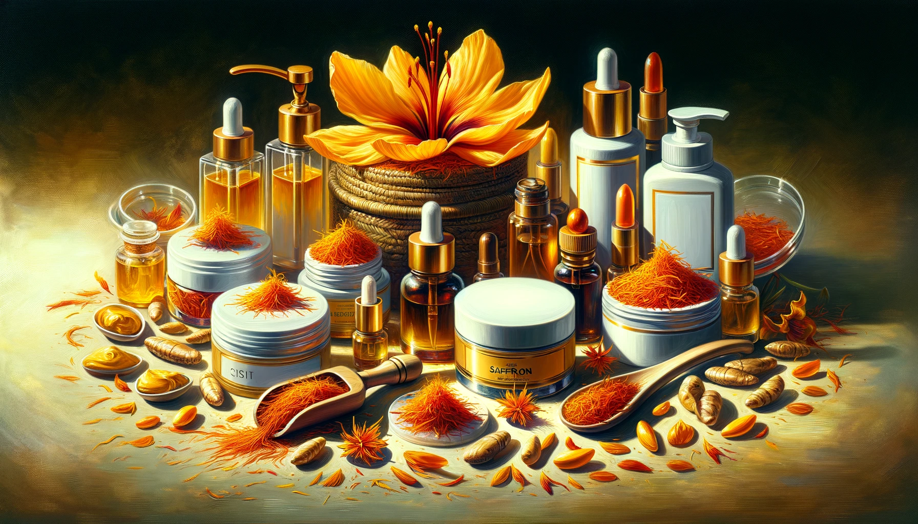 Elegant display of health and beauty products infused with saffron, highlighting its luxurious and beneficial properties.