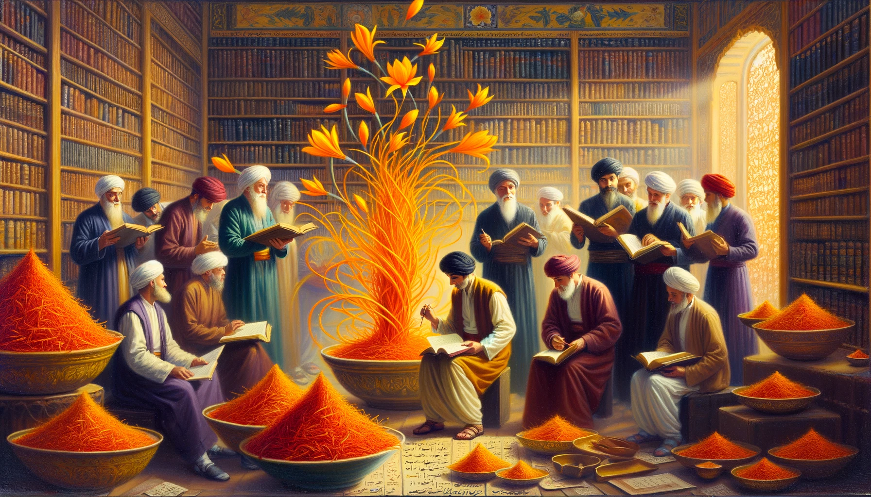 Classic literary and poetic scenes with saffron inspiring poets and scribes, surrounded by books and scrolls in a golden ambiance.